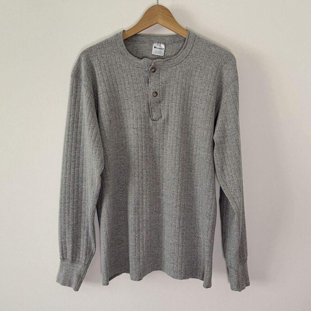 Champion Vintage Long Sleeve Ribbed Henley Shirt Sz M Heather Gray Made In USA
